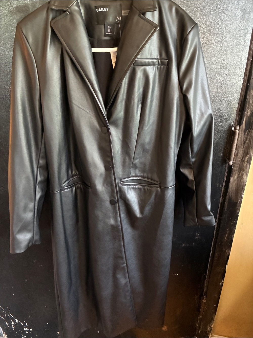 Bailey 44 Black Faux Leather Trench Coat L